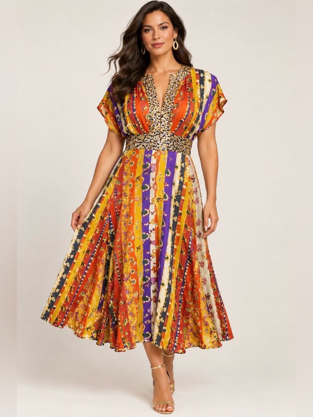 DVF Diane von Furstenberg A-line Dress Silk
Sequin Multicolor Deep V Neck